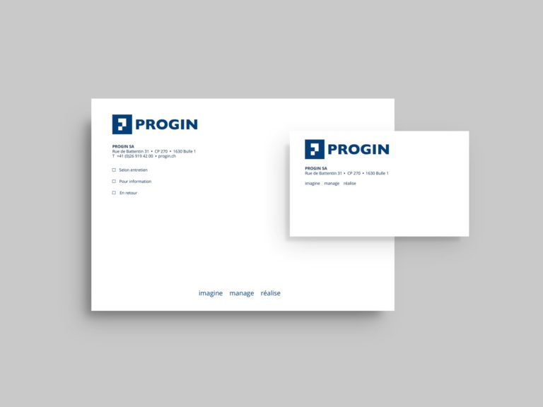 Papier en tête et carte de visite de Progin SA.